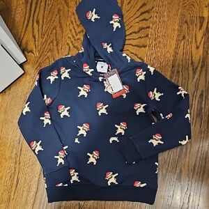 Denim & Flower Navy Hoodie with Santa Hat Puppy Print